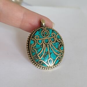 Vintage Boho Tibet Nepal Ethnic Tribal Silver Turquoise Stone Mosaic Pendant